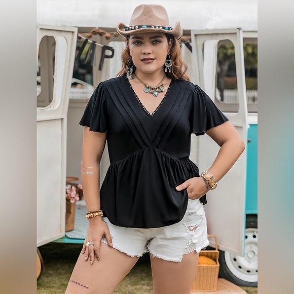 Plus Size V-Neck Flutter Sleeves Blouse - Picture 1 of 5